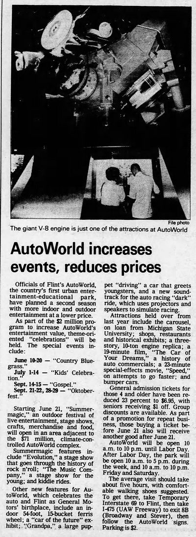AutoWorld (Six Flags AutoWorld) - 1985 Article On Price Drop And New Attractions